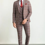 Mitchell Burgundy Slim Fit Notch Lapel 3 Piece Crosshatch Plaid Suit