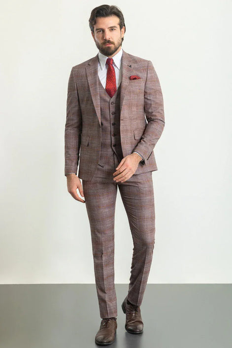 Mitchell Burgundy Slim Fit Notch Lapel 3 Piece Crosshatch Plaid Suit