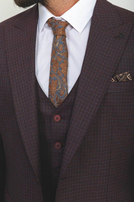 Mitchell Burgundy Slim Fit Peak Lapel 3 Piece Check Suit