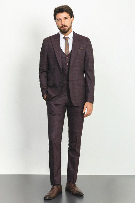 Mitchell Burgundy Slim Fit Peak Lapel 3 Piece Check Suit