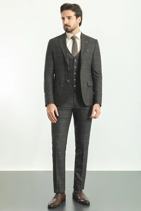 Mitchell Coffee Blue Slim Fit Notch Lapel 3 Piece Check Plaid Suit