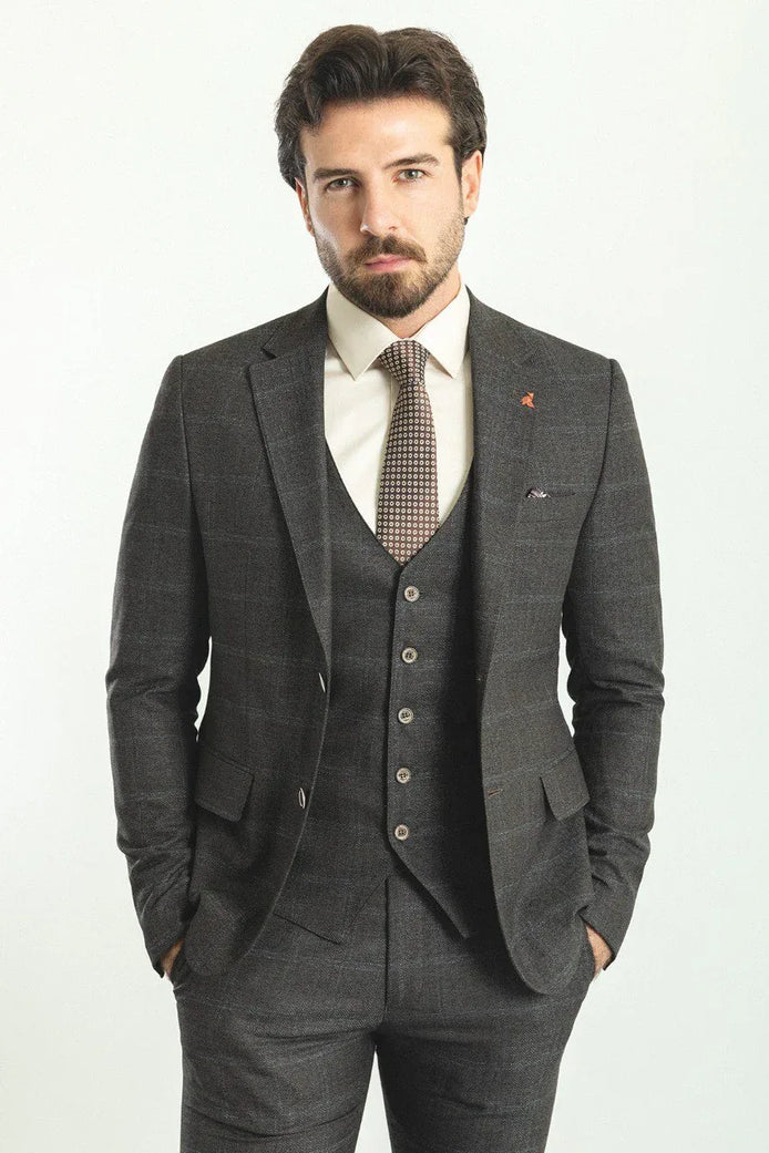 Mitchell Coffee Blue Slim Fit Notch Lapel 3 Piece Check Plaid Suit