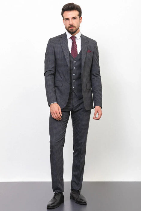 Mitchell Dark Gray Slim Fit Peak Lapel 3 Piece Check Suit