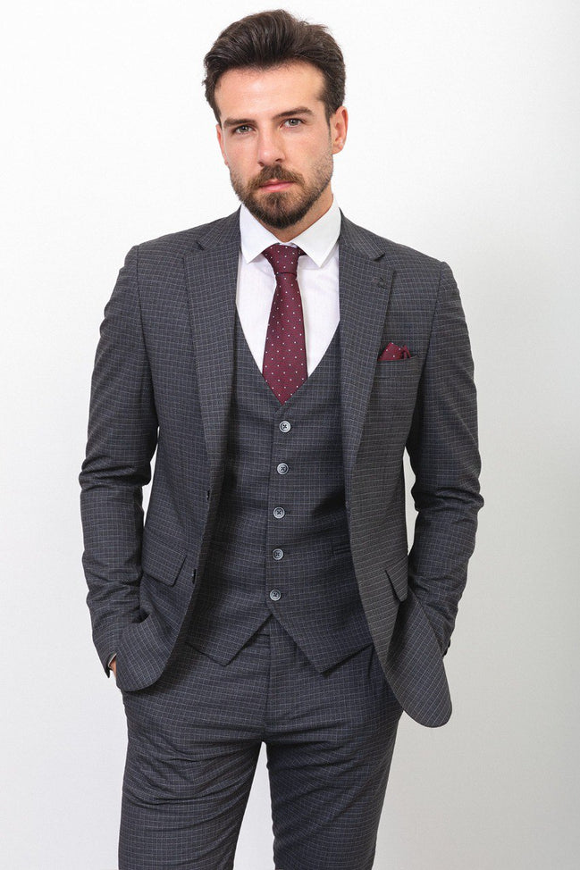 Mitchell Dark Gray Slim Fit Peak Lapel 3 Piece Check Suit