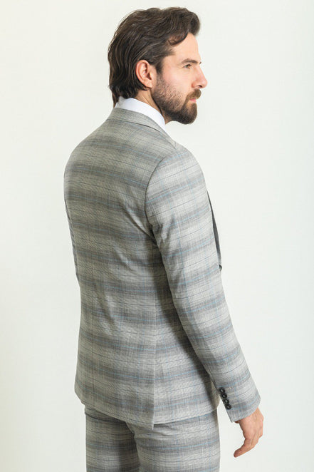 Mitchell Gray Blue Slim Fit Notch Lapel 3 Piece Crosshatch Plaid Suit