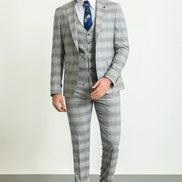 Mitchell Gray Blue Slim Fit Notch Lapel 3 Piece Crosshatch Plaid Suit