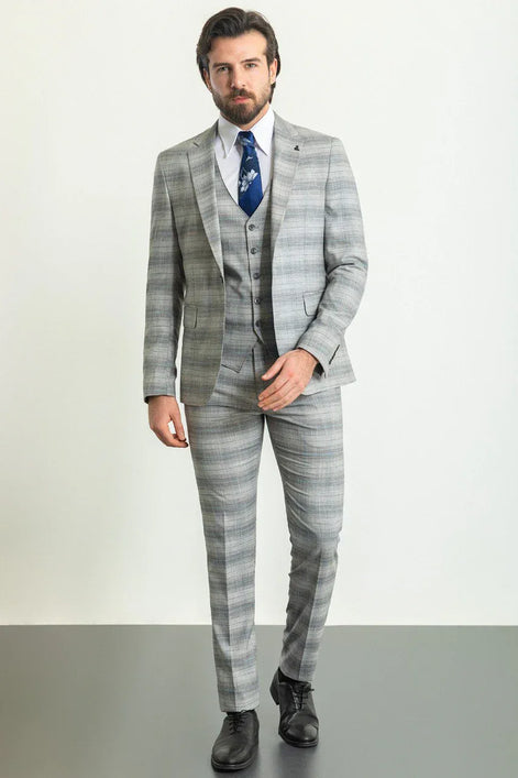 Mitchell Gray Blue Slim Fit Notch Lapel 3 Piece Crosshatch Plaid Suit