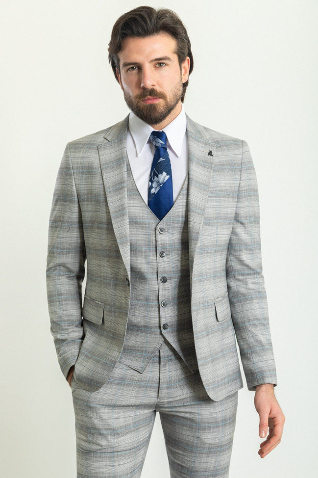 Mitchell Gray Blue Slim Fit Notch Lapel 3 Piece Crosshatch Plaid Suit