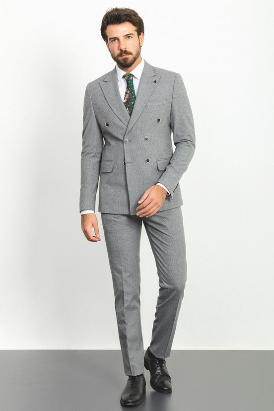 Gray Slim Fit 2 Piece Double Breasted Striped Suit