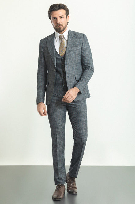 Mitchell Gray Slim Fit Notch Lapel 3 Piece Crosshatch Suit