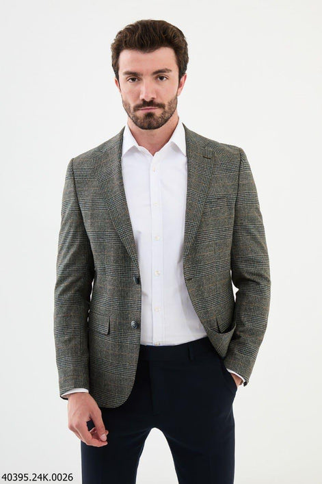 Mitchell Slim Fit Notch Lapel Khaki Plaid Blazer