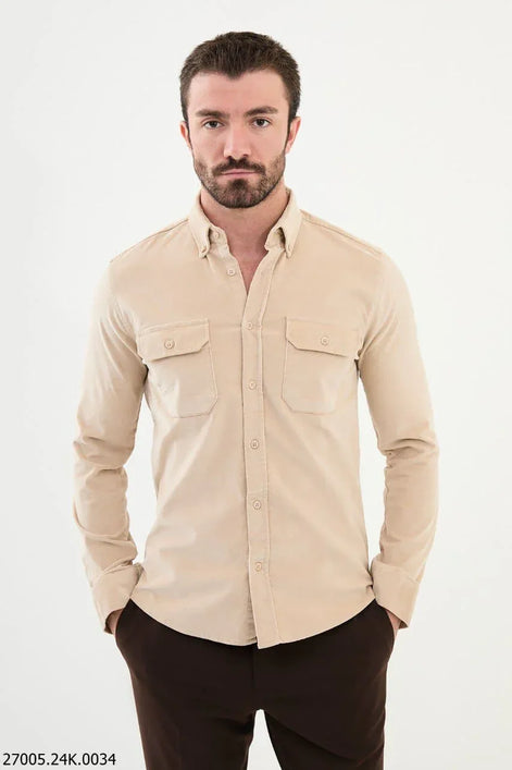 Mitchell Double Pocket Slim Fit Beige Corduroy Shirt