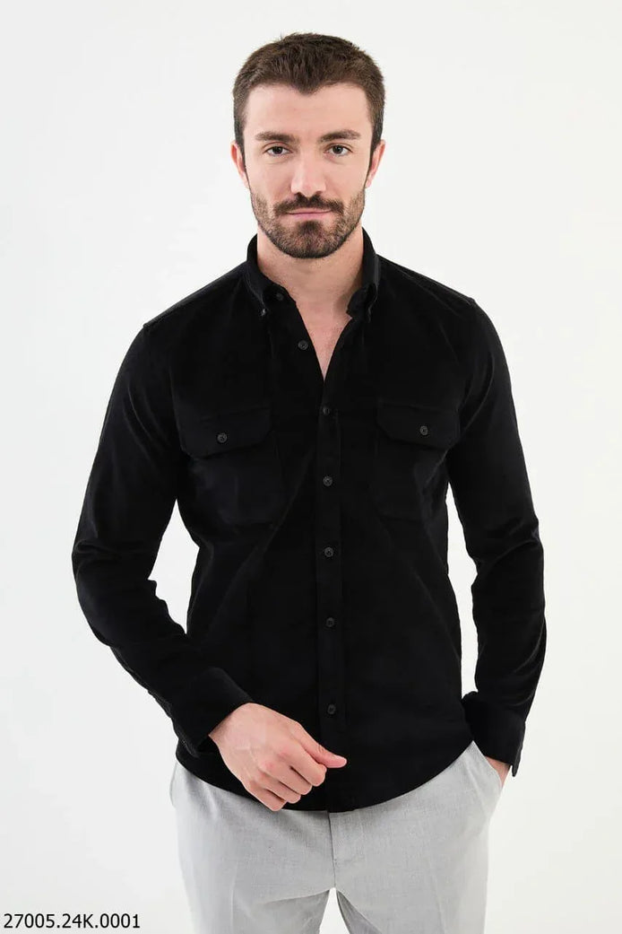 Mitchell Double Pocket Slim Fit Black Corduroy Shirt