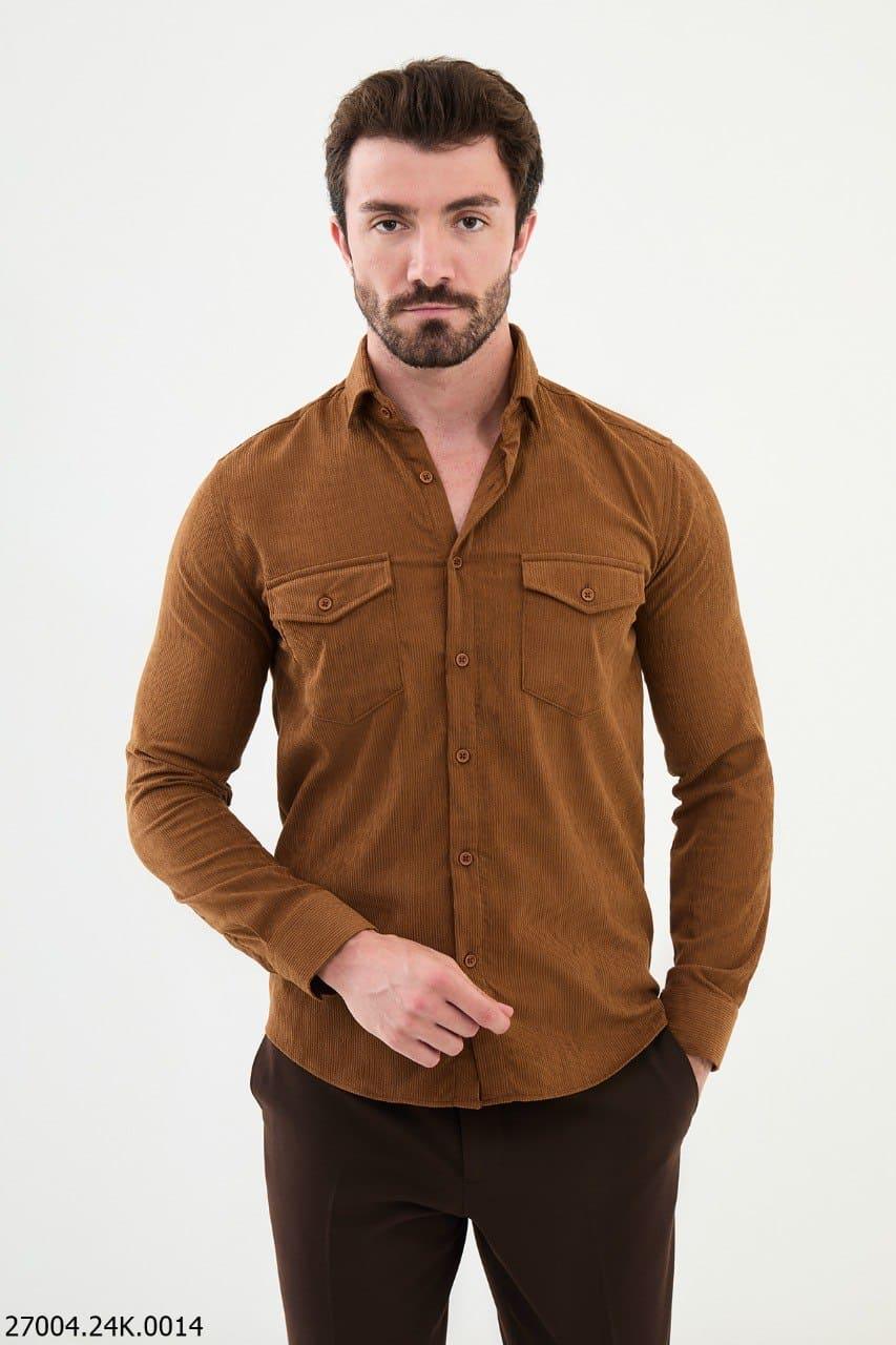 Men's Camel Slim Fit Double Pocket Striped Shirt