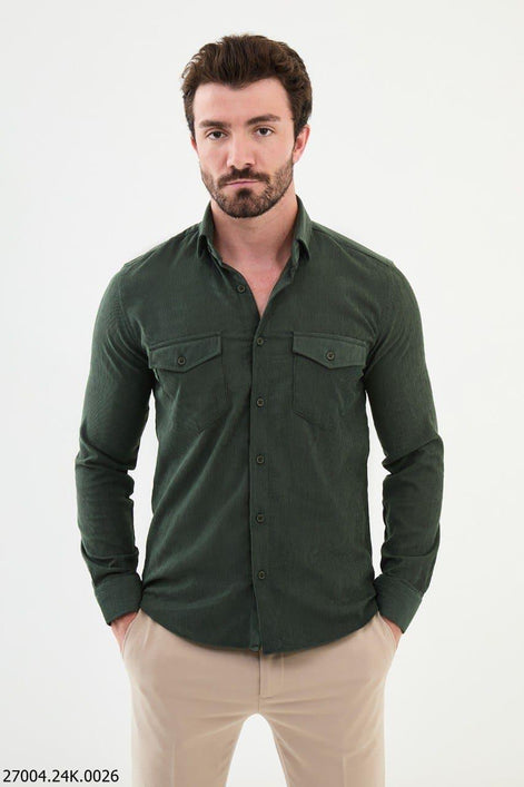 Mitchell Slim Fit Mens Corduroy Shirt Green