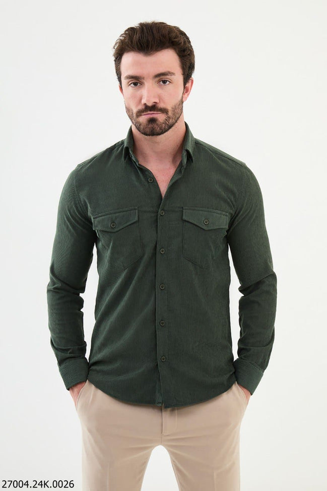 Mitchell Slim Fit Mens Corduroy Shirt Green