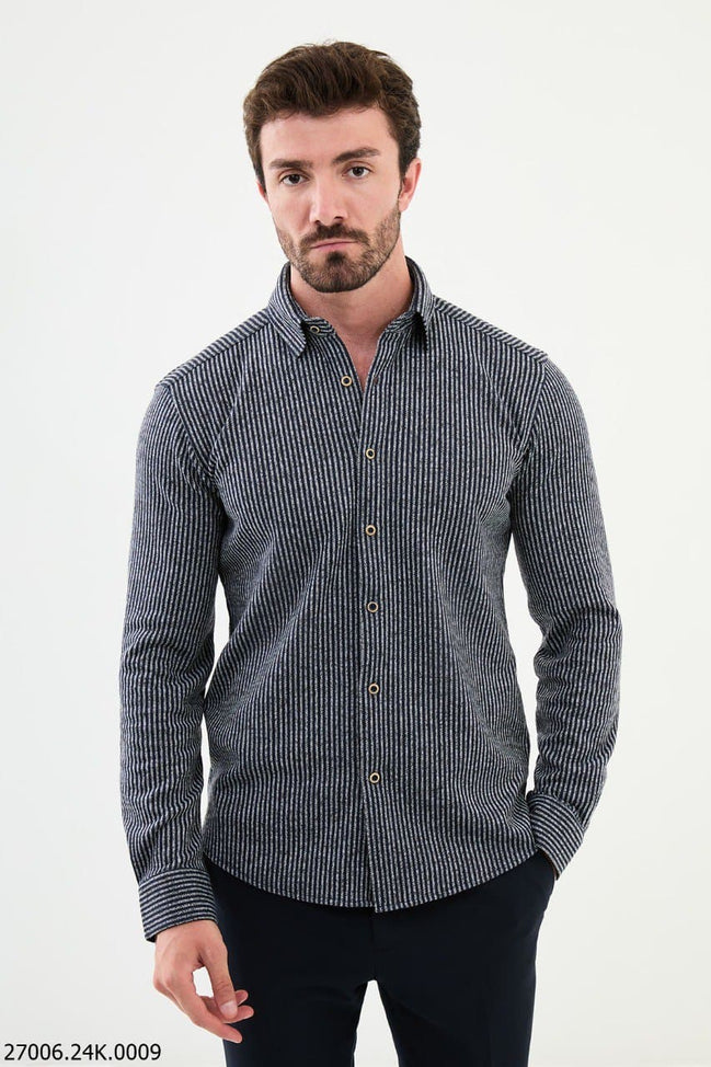 Mitchell Men's Navy Blue Long Sleeve Striped Shirt.