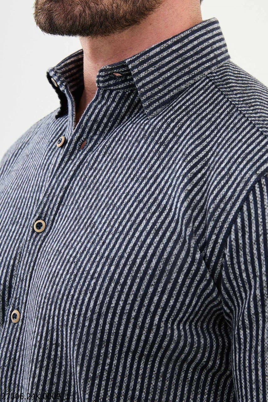 Mitchell Men's Navy Blue Long Sleeve Striped Shirt.