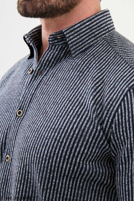 Mitchell Men's Navy Blue Long Sleeve Striped Shirt.