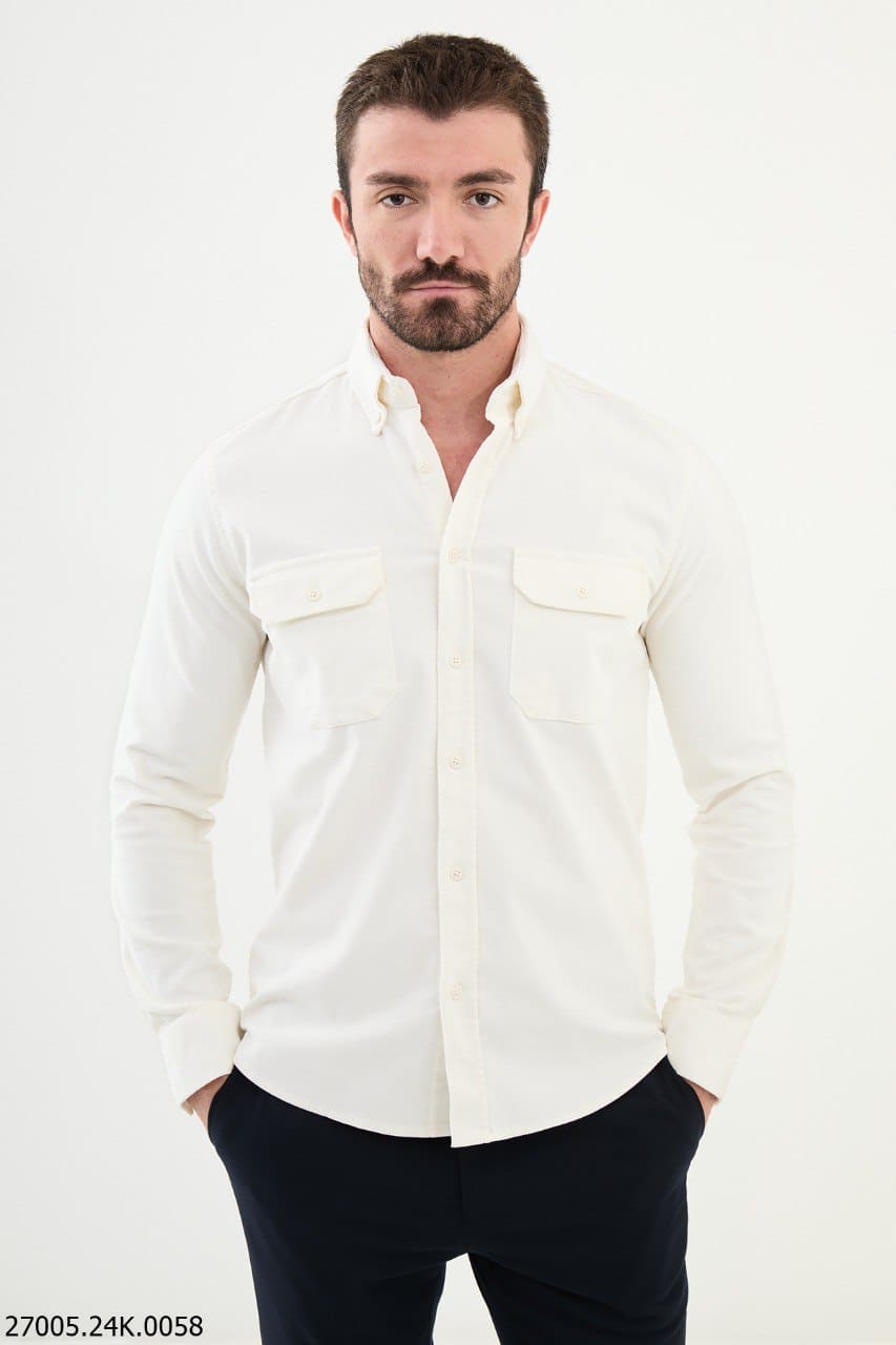 Mitchell Double Pocket Slim Fit White Corduroy Shirt