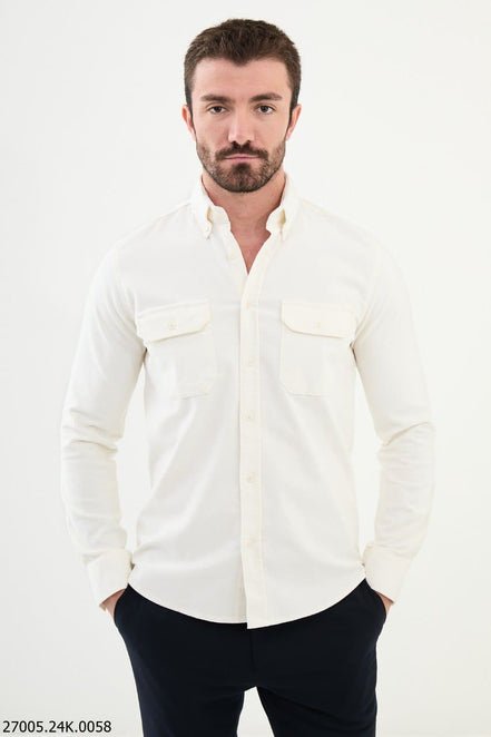 Mitchell Double Pocket Slim Fit White Corduroy Shirt