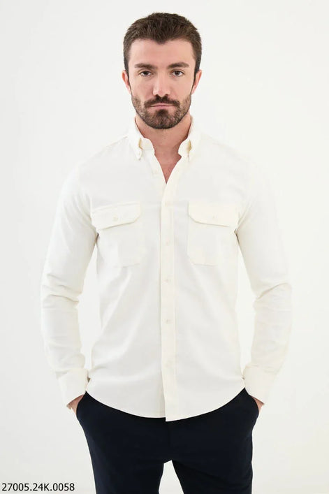 Mitchell Double Pocket Slim Fit White Corduroy Shirt