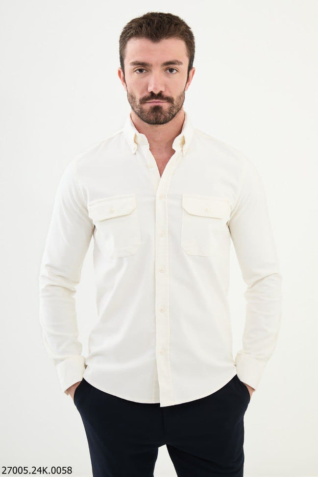Mitchell Double Pocket Slim Fit White Corduroy Shirt