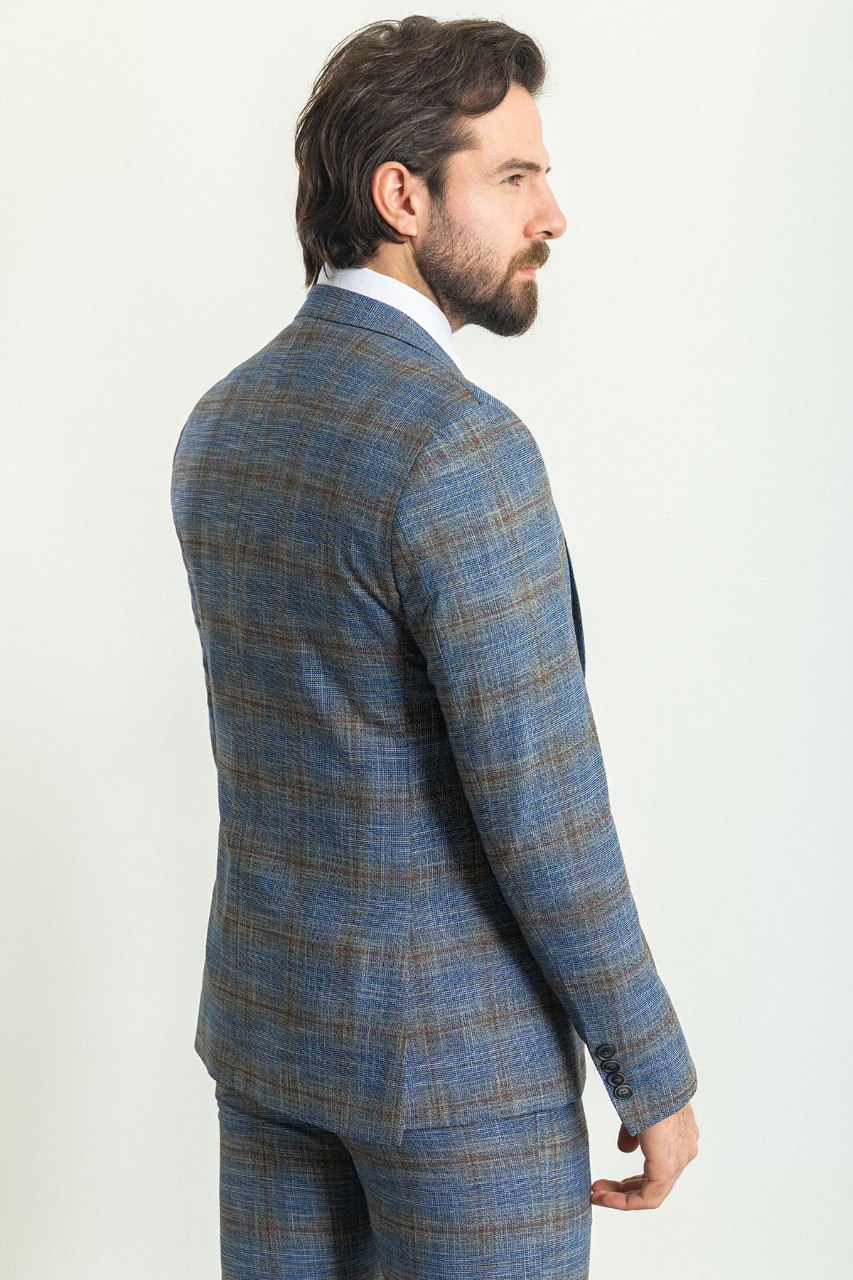 Mitchell Navy Blue Slim Fit Notch Lapel 3 Piece Crosshatch Plaid Suit