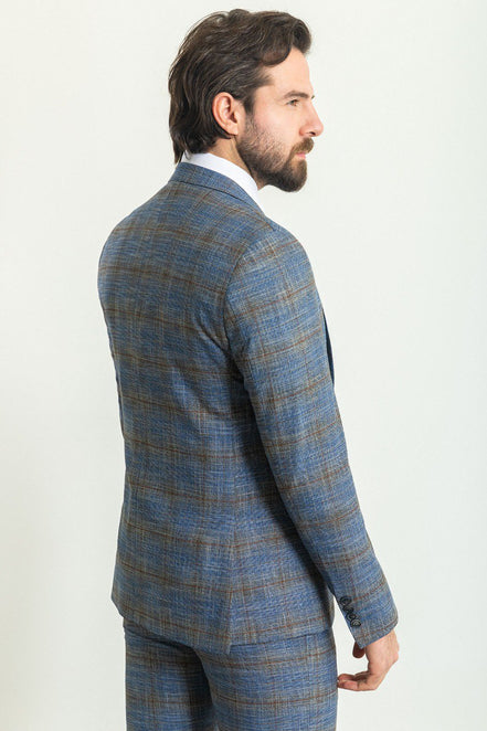 Mitchell Navy Blue Slim Fit Notch Lapel 3 Piece Crosshatch Plaid Suit