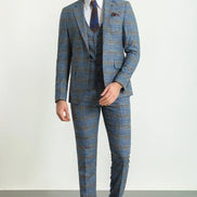 Mitchell Navy Blue Slim Fit Notch Lapel 3 Piece Crosshatch Plaid Suit