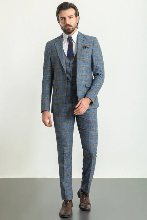 Mitchell Navy Blue Slim Fit Notch Lapel 3 Piece Crosshatch Plaid Suit