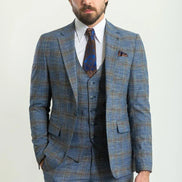 Mitchell Navy Blue Slim Fit Notch Lapel 3 Piece Crosshatch Plaid Suit