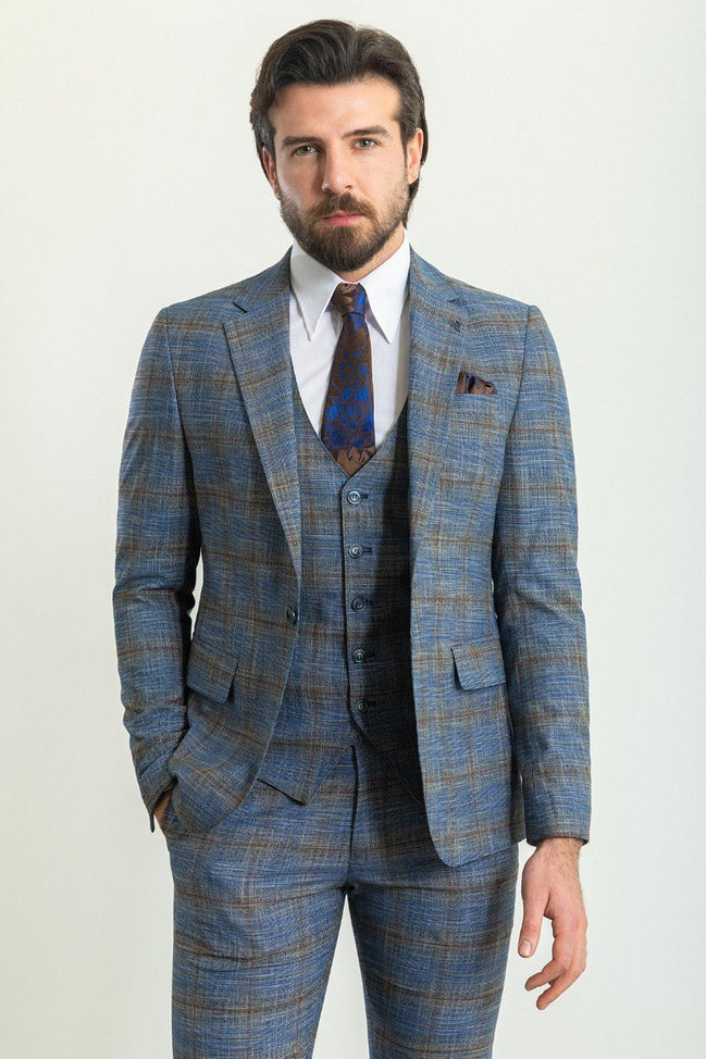 Mitchell Navy Blue Slim Fit Notch Lapel 3 Piece Crosshatch Plaid Suit