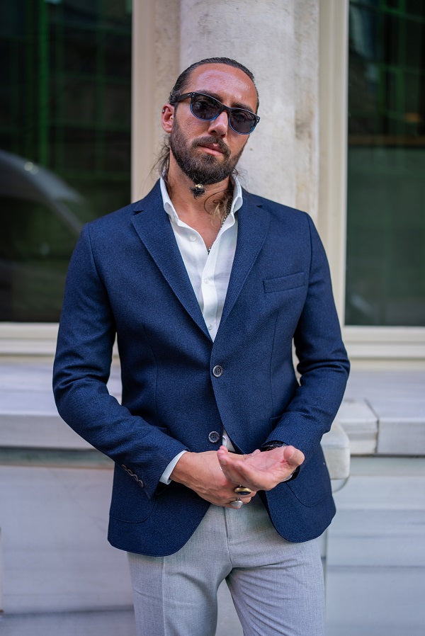 Mitchell Navy Blue Slim Fit Notch Lapel Blazer