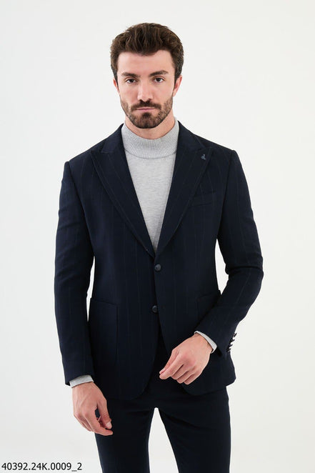 Mitchell Slim Fit Chalk Stripe Navy Blue Wool Blazer