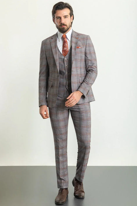 Mitchell Orange Slim Fit Notch Lapel 3 Piece Crosshatch Plaid Suit