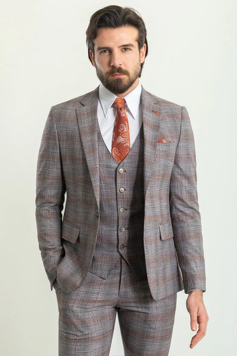Mitchell Orange Slim Fit Notch Lapel 3 Piece Crosshatch Plaid Suit