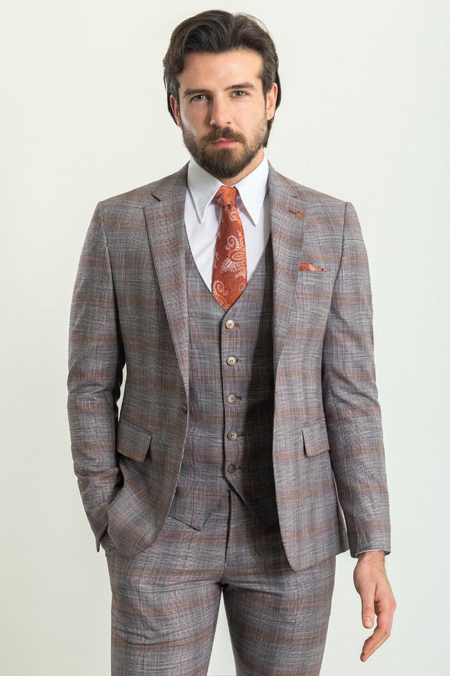 Mitchell Orange Slim Fit Notch Lapel 3 Piece Crosshatch Plaid Suit