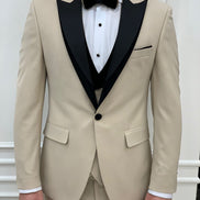 Molalla Beige Slim Fit Velvet Peak Lapel Tuxedo