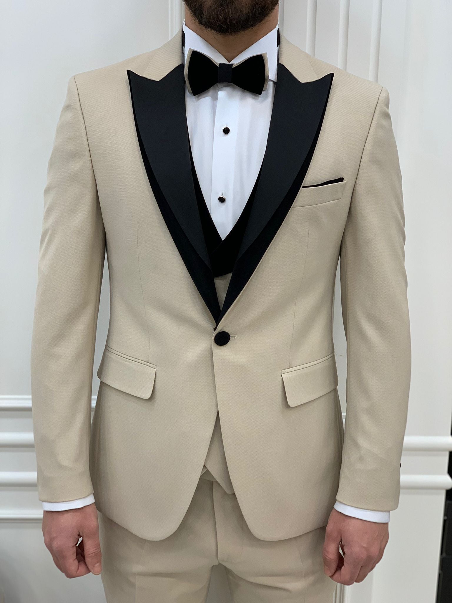 Molalla Beige Slim Fit Velvet Peak Lapel Tuxedo