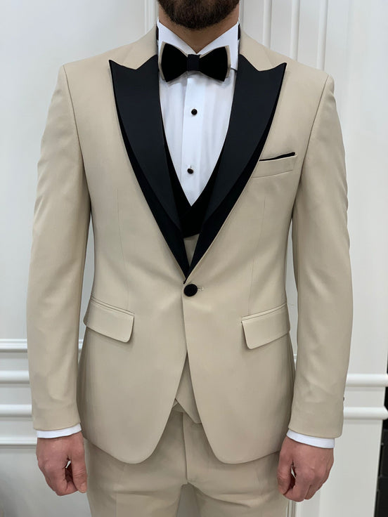 Beige Slim Fit Velvet Peak Lapel Tuxedo Wedding Suit for Men by GentWith.com with Free Worldwide Shipping