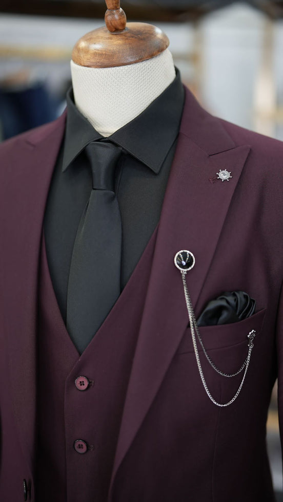 GentWith Ocala Burgundy Slim Fit 3 Piece Peak Lapel Suit