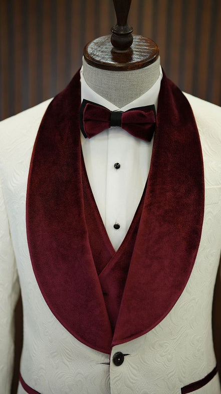 Ocala White Burgundy Slim Fit Velvet Shawl Lapel Tuxedo