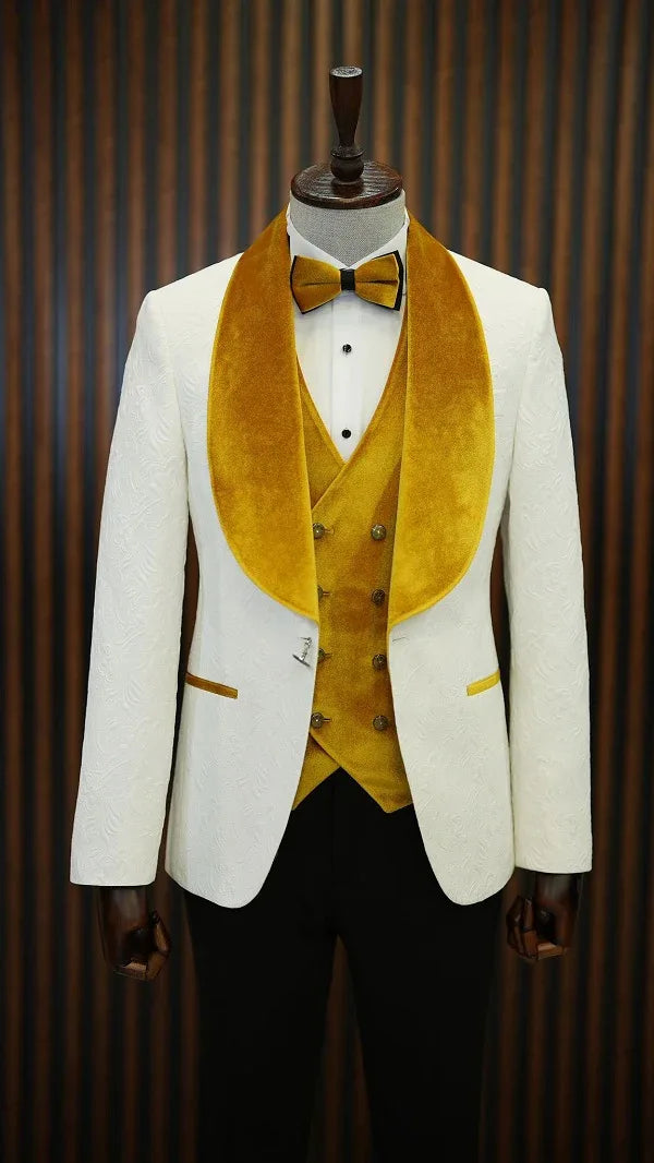 Ocala White Yellow Slim Fit Velvet Shawl Lapel Tuxedo