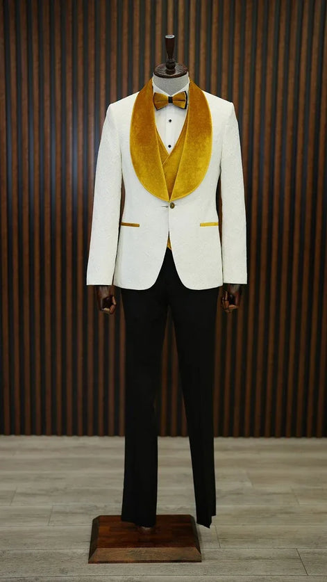 Ocala White Yellow Slim Fit Velvet Shawl Lapel Tuxedo