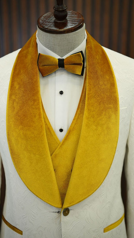 Ocala White Yellow Slim Fit Velvet Shawl Lapel Tuxedo