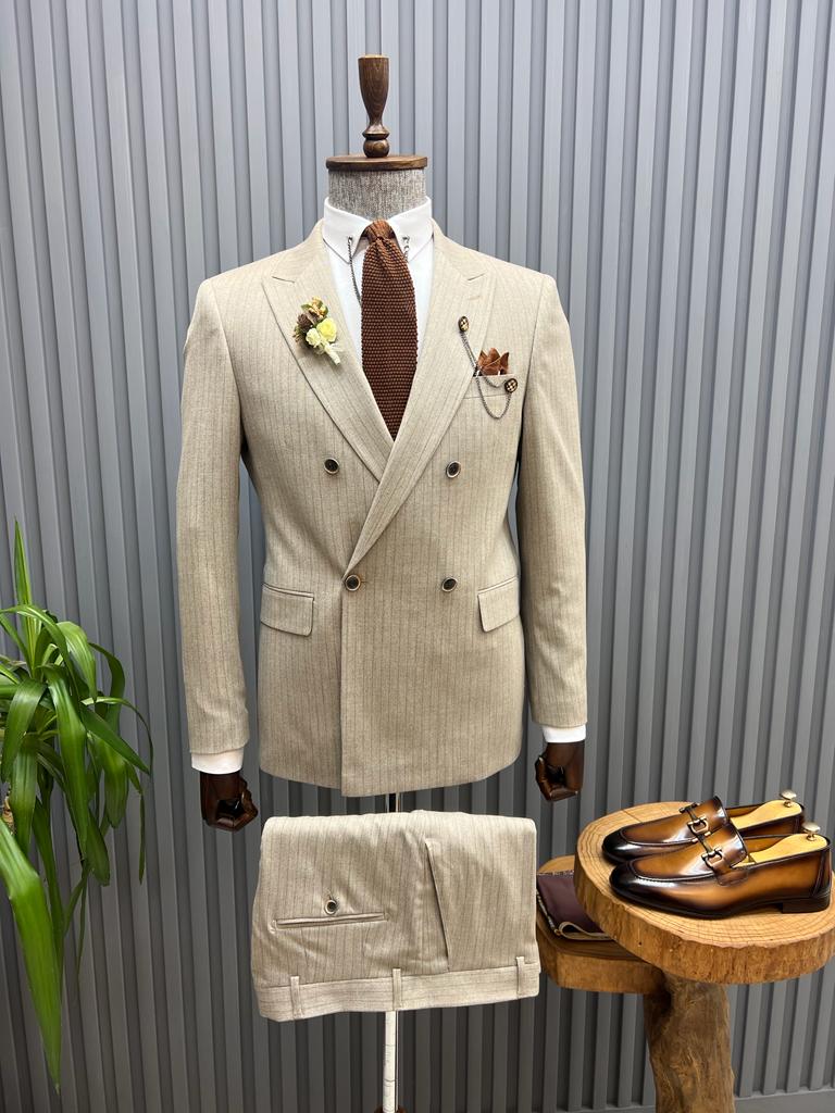 Beige Pinstripe Suit