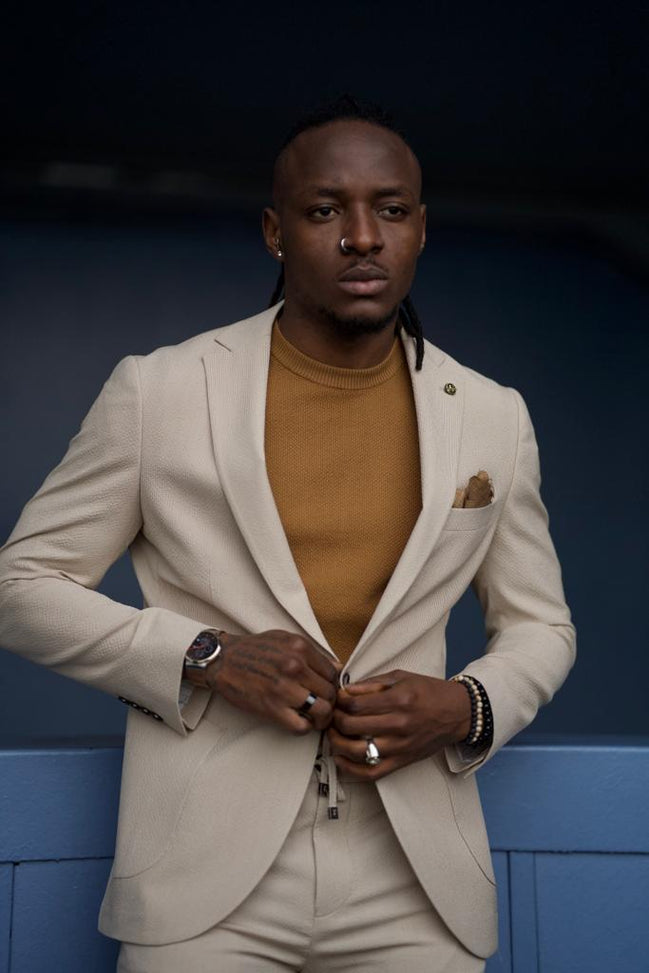 GentWith Pierre Beige Slim Fit Linen Suit