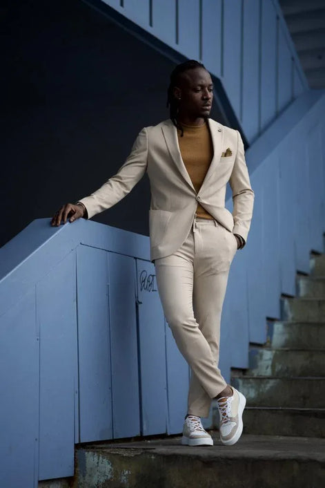GentWith Pierre Beige Slim Fit Linen Suit