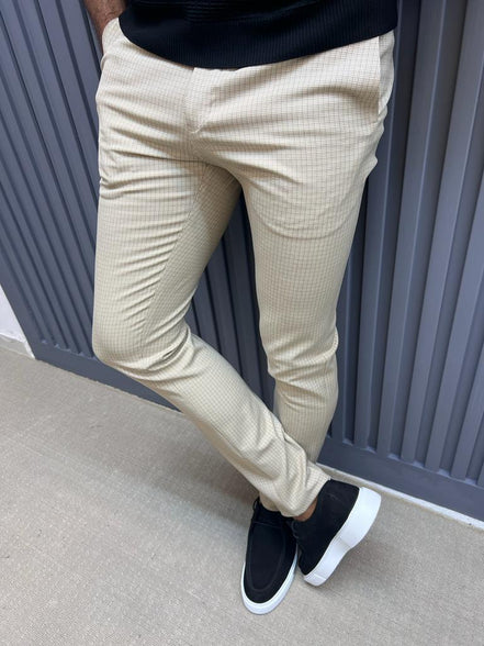 Pierre Beige Cotton Plaid Pants